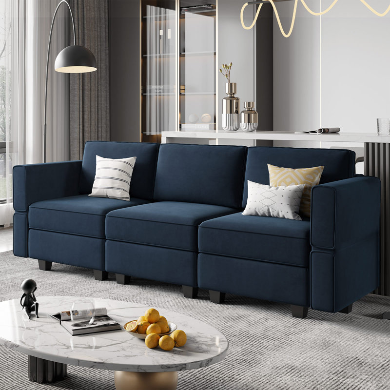 Nakash 90.2'' Wide Upholstered Modular Sectional Sofa 5-Piece 3-Seat Velvet Apartment Couch with Storage, Blue Velvet