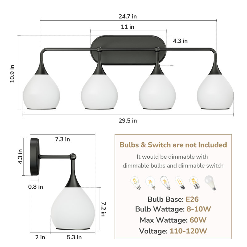 Phares à miroir à intensité variable avec cadre en métal, Noir mat, 4 lumières