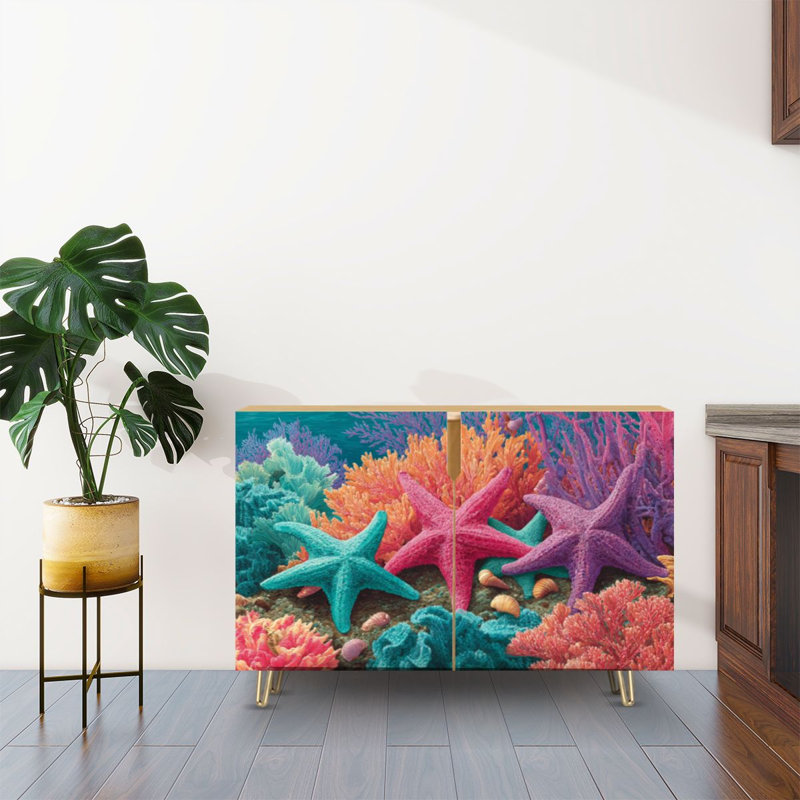 Buffet Buffet avec rangement Étoile de mer vibrante colorée de récifs coralliens avec 2 portes pour le salon et la cuisine