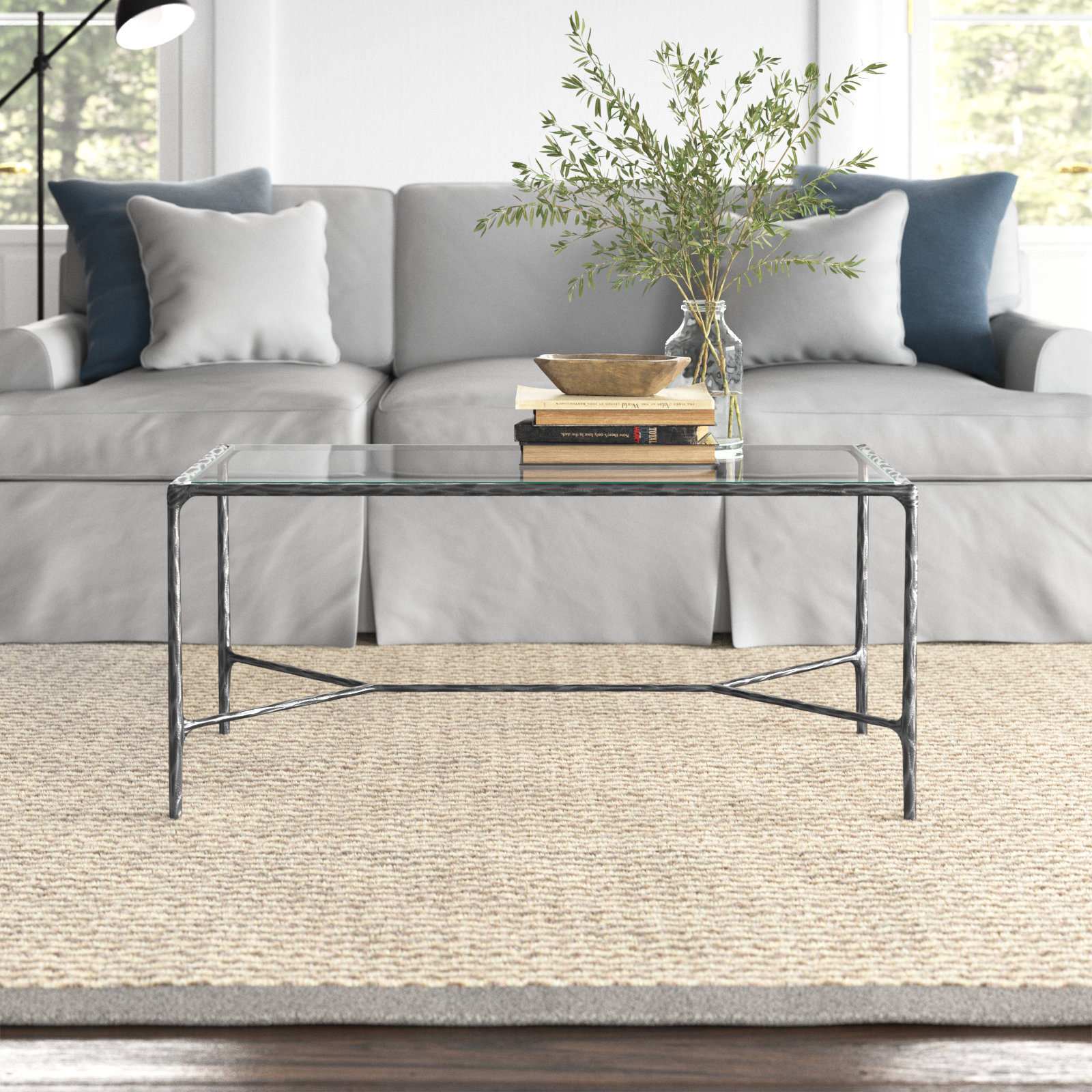 Evelynn 40" Glass Coffee Table, Silver, Clear