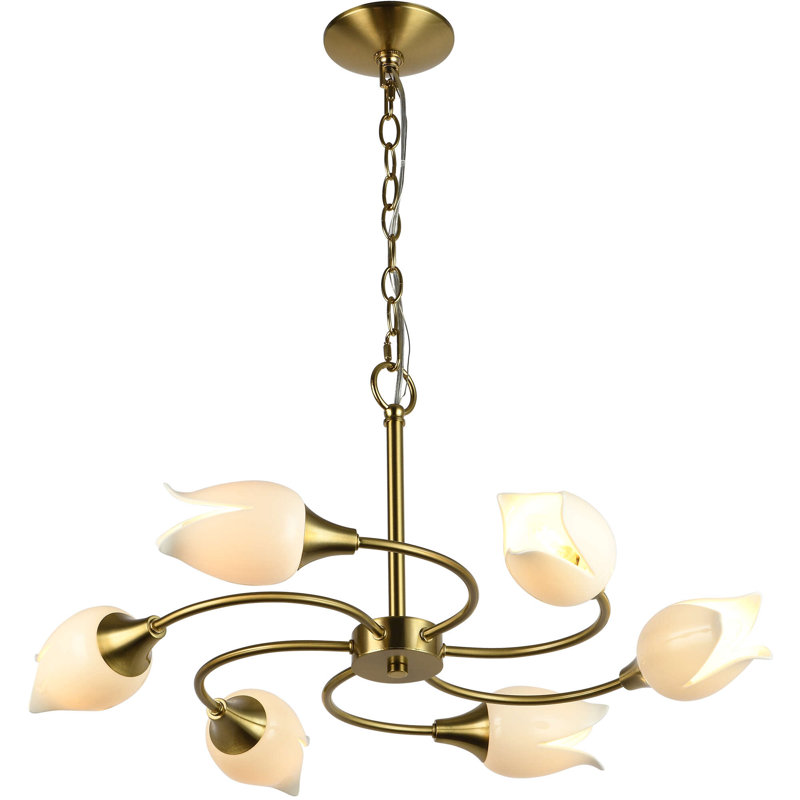 Lustre en métal 6 lumières avec abat-jour floral en céramique