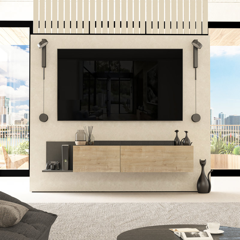 Meuble télé mural moderne pour téléviseur de 78 po ou moins avec portes sans poignée