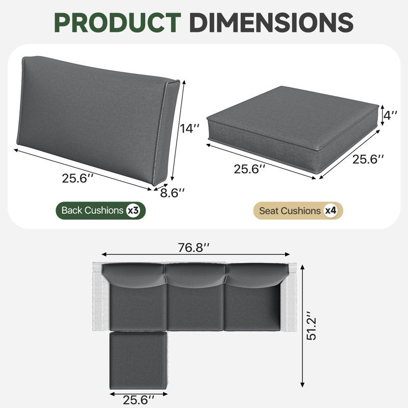 7-pcs Patio Cushion Cover Replacements – 4" Thick Water-repellent For 4-seat Sectional Sofa, Gray