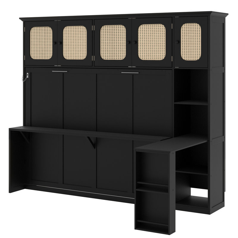 Lit escamotable avec bureau intégré et armoires de rangement en rotin, Noir