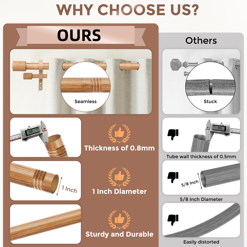 Wood Grain Farmhouse Double Curtain Rod with Boho Rustic Finials 72-144", 72" - 144"