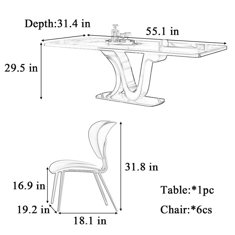 Table et chaise de luxe domestique, Blanc / brun, H 29,5 po x L 55,1 po x l 31,4 po