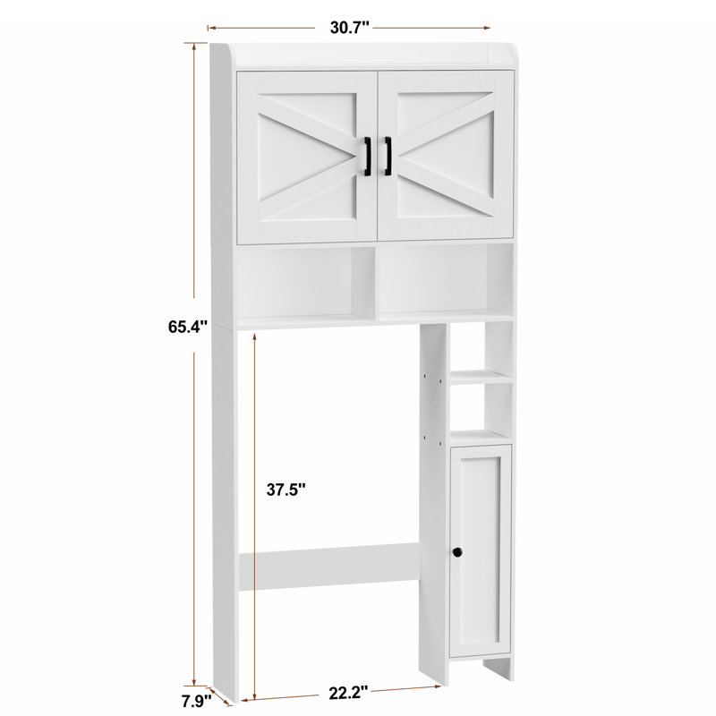 Armoire de rangement au-dessus de la toilette avec 2 portes de grange, support pour papier hygiénique, tablette de salle de bain autoportante, blanc, pour salle de bain