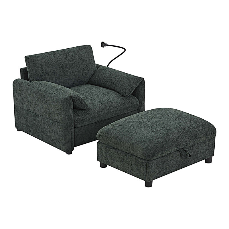 Canapé simple de 38 po avec repose-pieds de rangement, support de téléphone réglable, chargeur USB et accoudoirs en forme d'oreiller, chaise longue à siège large