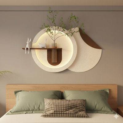 Remote-Controlled 3-Color LED Sandstone Wall Art - 3D Double-Disc Sculpture With Simulated Greenery, Glass Vase & Rabbit Statue | Perfect For Living Room, Bedroom & Hallway