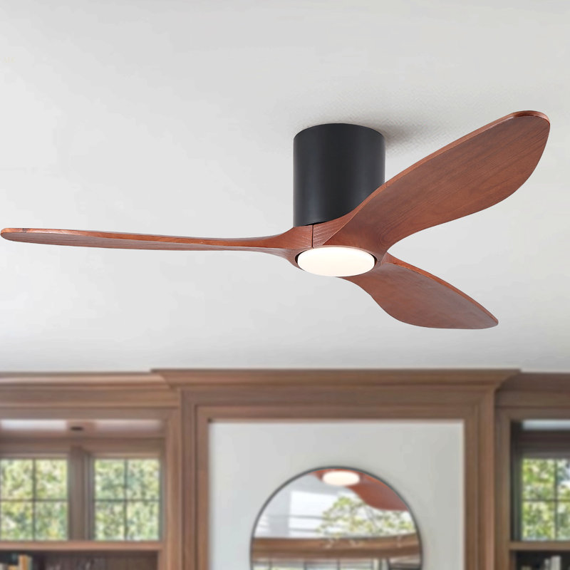 52" Mordern Farmhouse Retro Solid Wood Low Profile Flush Mount Ceiling Fan With Light And Reversible Quiet Motor