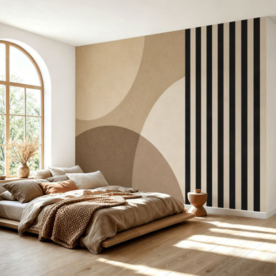 Wall Mural Peel and Stick Wallpaper Abstract Geometric Design Beige Circles Black Stripes Minimalist Style Self-Adhesive Removable Contact Paper Wall Decor for Living Room Bedroom 69"H x 96"W