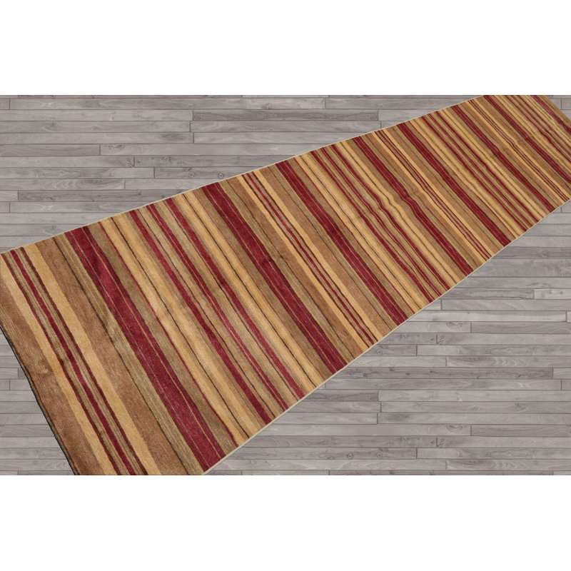 Rust Hand Knotted Runner Stripes Tibetan Wool Rug in Multiple Sizes, Runner 12' x 2'