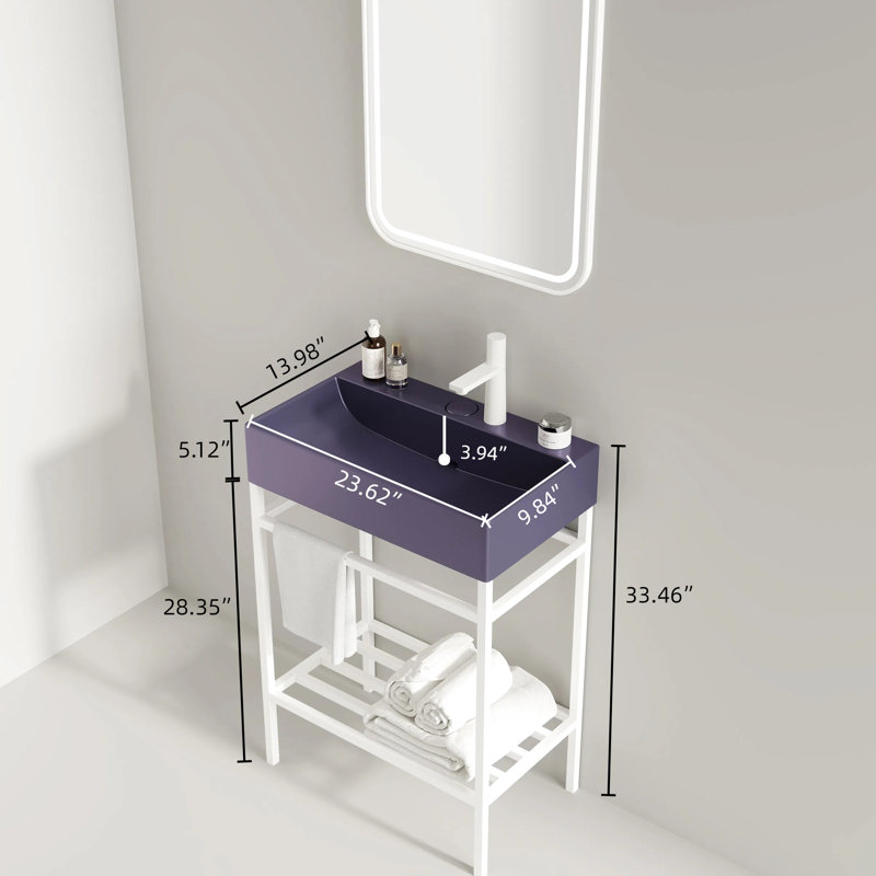 Meuble-lavabo de 24 po avec lavabo en céramique - mauve brillant et blanc, lavabo console autoportant, tablette en fer, lavabo rectangulaire de style contemporain, console, scandinave moderne, assemblage non