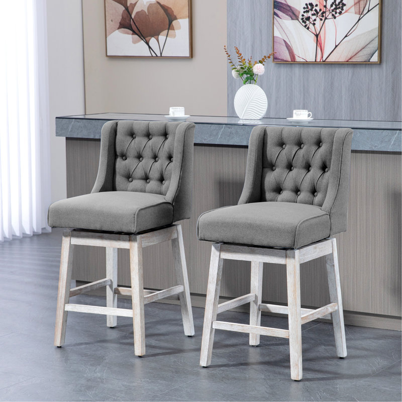 Ensemble de 2 tabourets de bar à hauteur de comptoir, tabourets pivotants à 180 degrés, hauteur de siège de 27 po avec repose-pieds en bois massif et capitonnage à boutons, gris