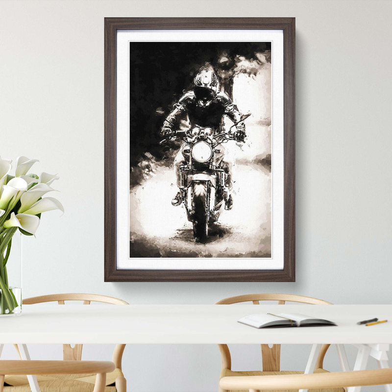 Motorbike Rider in Sepia in Abstract - Picture Frame Painting Print, 48cm H x 36cm W x 2cm D, Walnut Framed