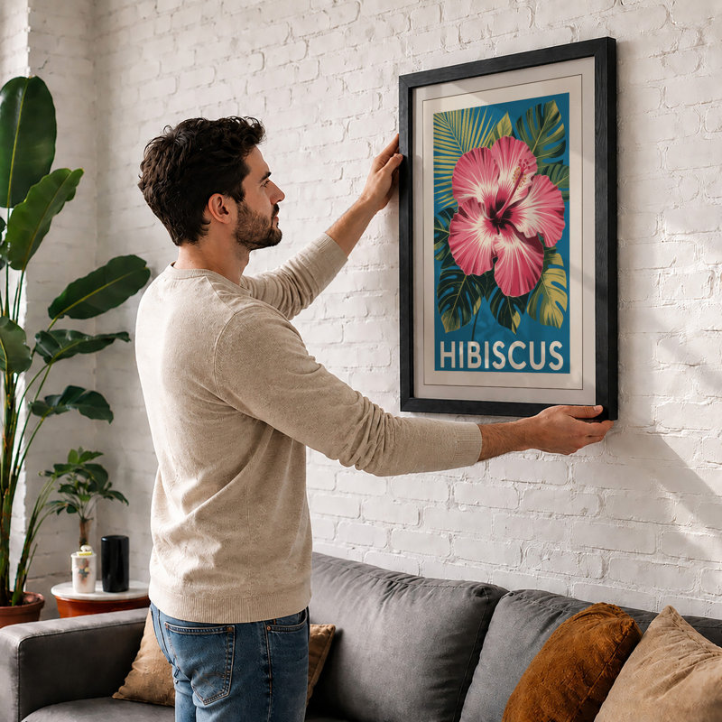 Pink Hibiscus Study Botanical - Framed Print, A1 - 84.1 x 59.4 cm, White
