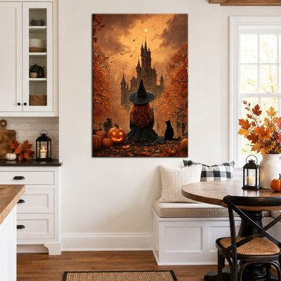 Art mural d'automne d'automne, décoration murale de photos d'Halloween, art mural sur toile d'Halloween avec sorcière et château gothique, décoration murale de couleurs chaudes de sorcière d'automne, art mural gothique pour le salon, l'entrée ou la chambre à coucher 24 po x 32 po