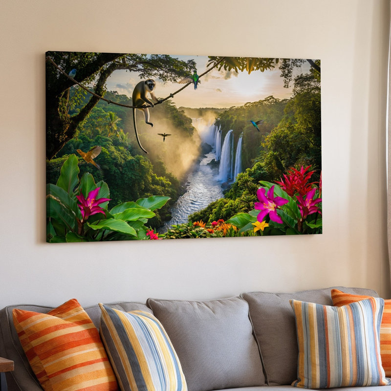 Toile, scène de jungle tropicale vibrante au lever du soleil, avec un art mural ludique suspendu à une vigne au milieu d'une verdure luxuriante