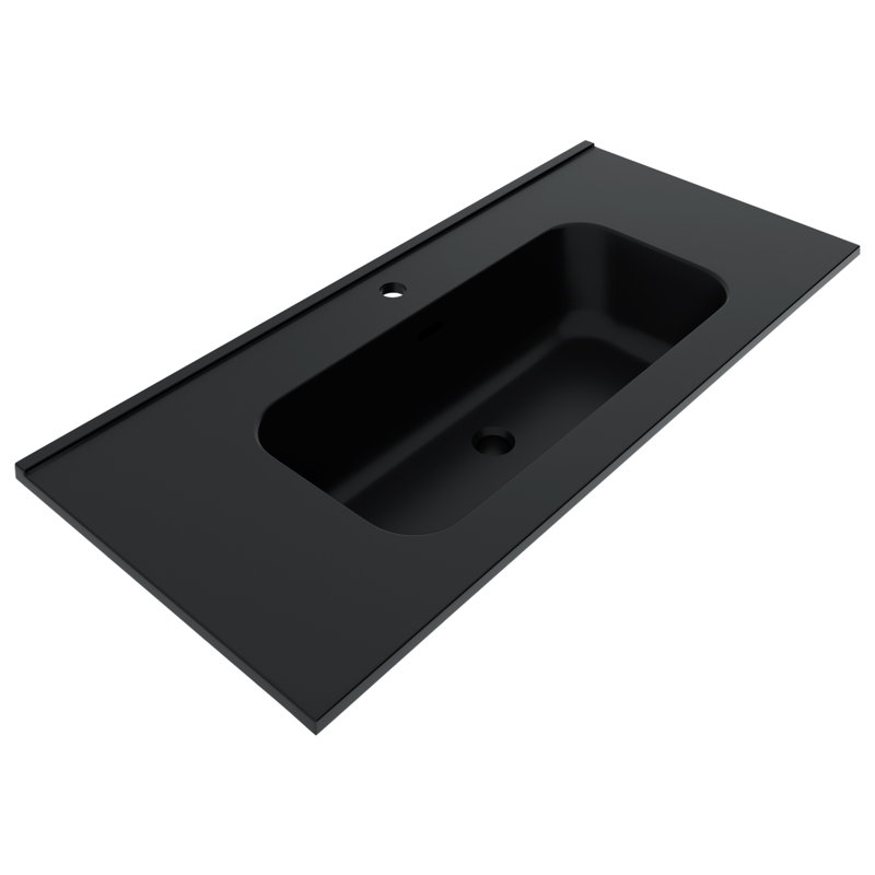 Kora Geo 24" Fluted Wall-Mounted Single Bathroom Vanity with Integrated Ceramic Top & Handles, Black, 40"