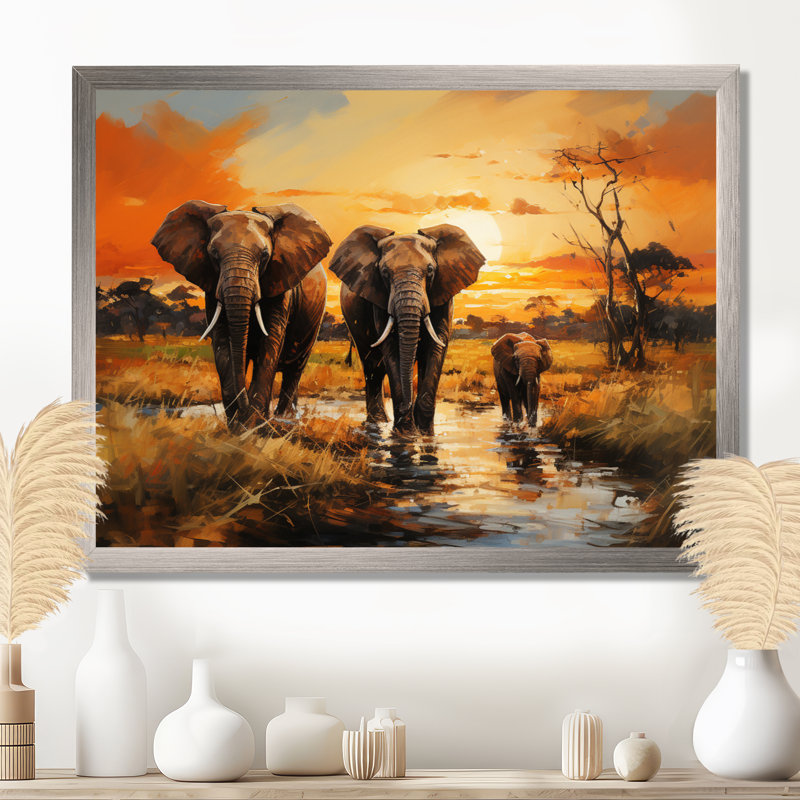 Éléphant d'Afrique prairies IV - Éléphant, art mural, 16" H x 32" W, Natural Floater Framed