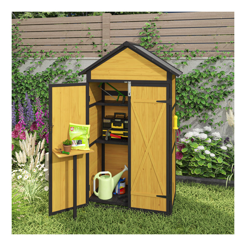 Outdoor Storage Cabinet Weatherproof Wood Storage Shed With Waterproof Roof Lockable Doors Removable Shelves Foldable Table Hooks 69 Inches Garden Tool Shed For Yard And Patio