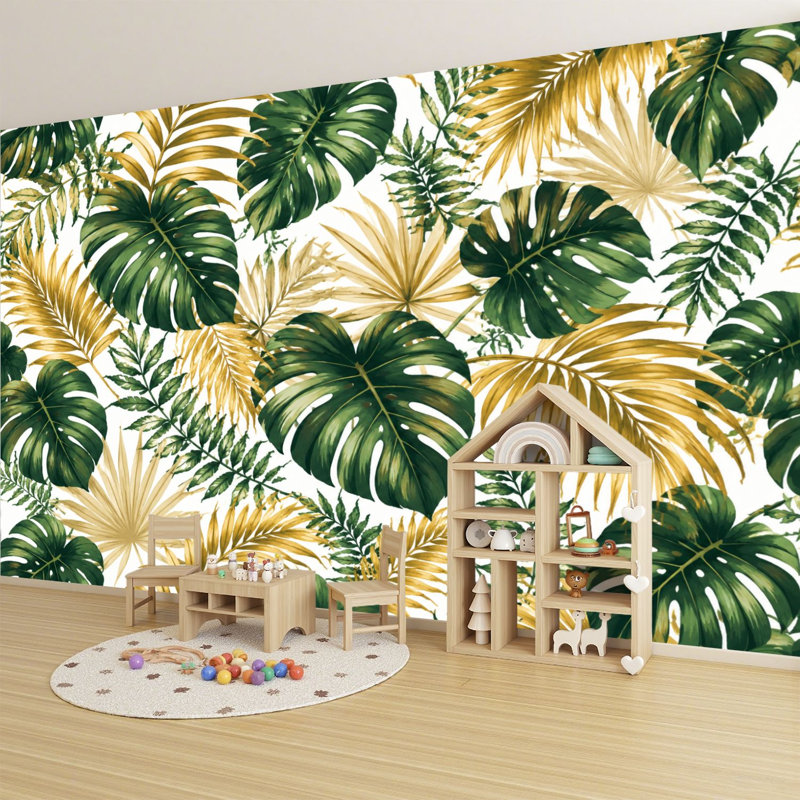 Papier peint adhésif auto-adhésif moderne pour la chambre à coucher Peel and Stick L 69 po x l 96 po avec feuilles tropicales dorées