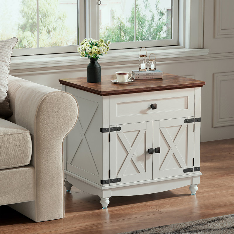 Farmhouse End Table With Barn Door, Adjustable Storage Shelf Bedroom Wood Nightstand