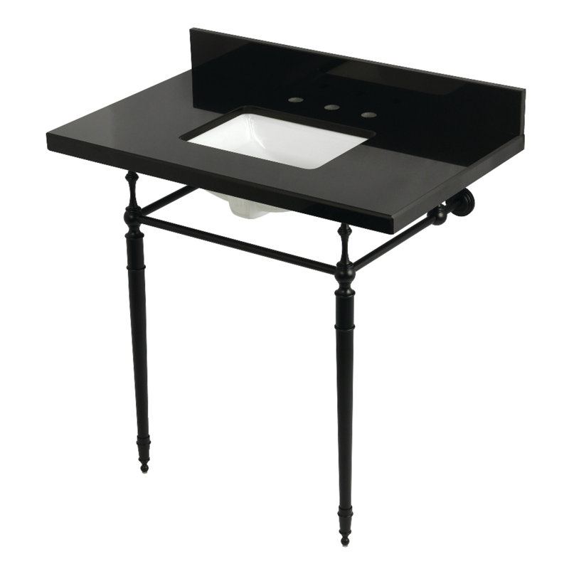 Kingston Brass Edwardian 36-Inch Black Granite Console Sink with Brass Legs (8-Inch, 3-Hole), Matte Black