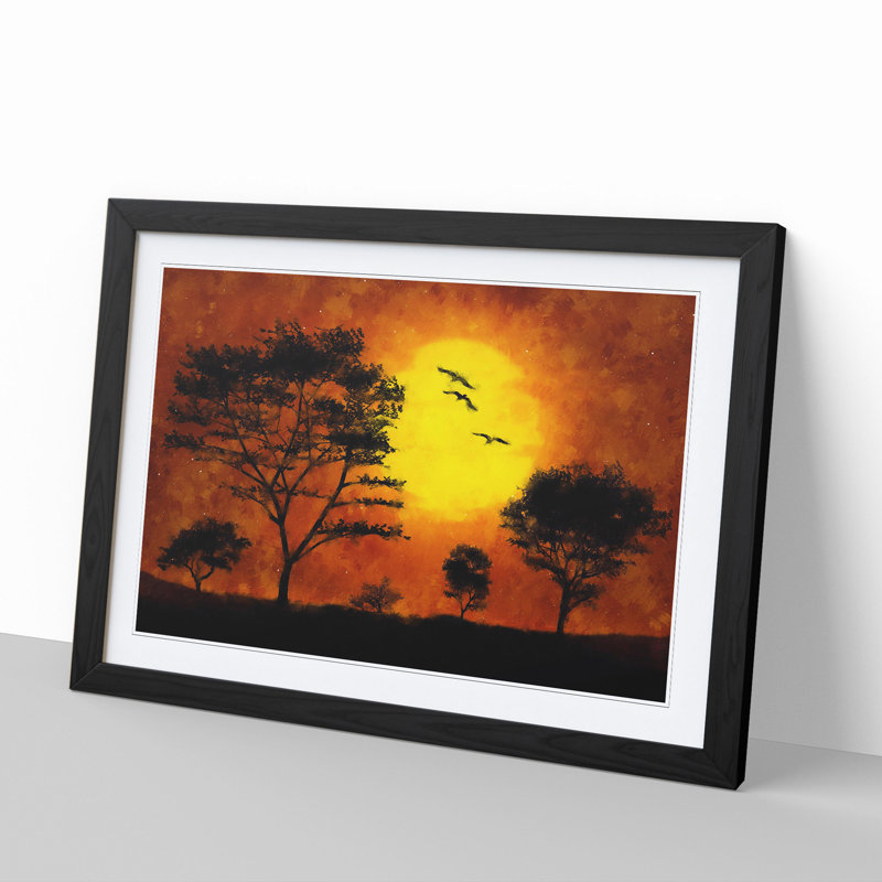 Birds and Trees at Sunset - Picture Frame Painting, 27cm H x 36cm W x 2cm D, Black Framed