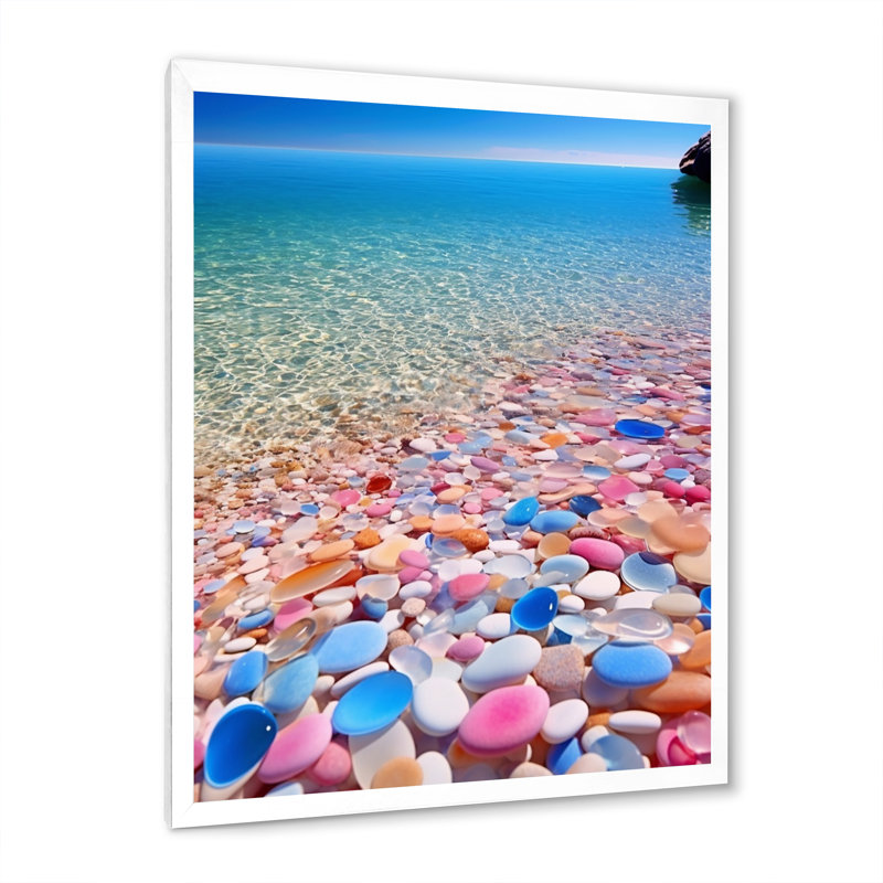 Turbine rose sur fond de plage de paradis sur toile, H 40 po x l 30 po x P 1,5 po, Cadre simple blanc