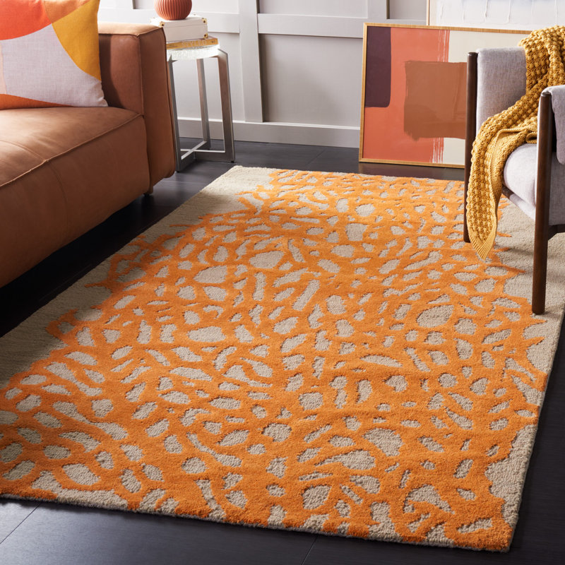 Tapis gris / orange en laine crocheté à la main Rigsby, Rectangle 4 pi x 6 pi
