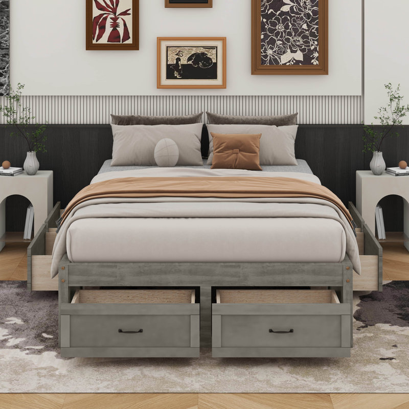 Lit plateforme avec 6 tiroirs, Gris antique, Lit double