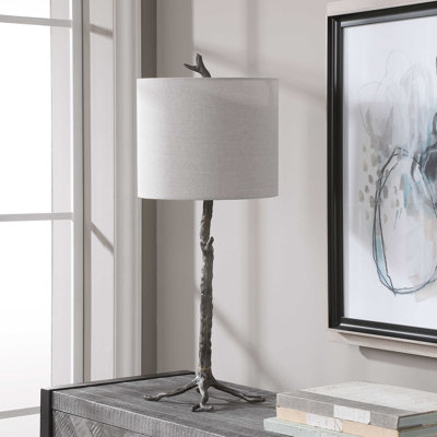  Lampe de table H 30 po en fonte foncé avec détails dorés - Base rustique avec abat-jour tambour en lin beige