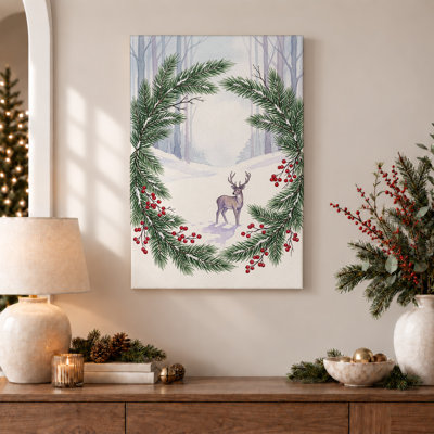 Art mural sur toile, cerf dans la forêt enneigée, couronne de pin et Noël