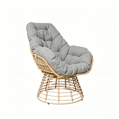 Chaise pivotante d'extérieur avec coussin Papasan, chaise longue de patio en osier à 360 °, chaise en rotin PE toutes saisons pour la cour arrière