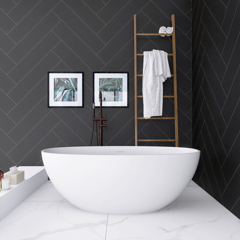 61 In. X 30 In. Solid Surface Slipper Freestanding Soaking Bathtub In Matte White