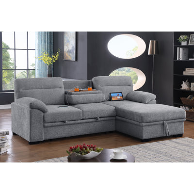 L-Shaped Sleeper Sectional Sofa 63.5" Chenille Light Gray Cup Holders, USB Ports, Storage Chaise