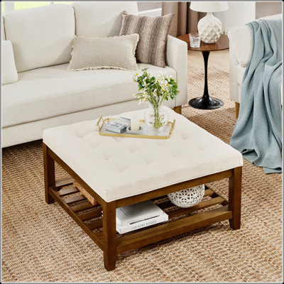 Upholstered Coffee Table Ottoman With Tufted Linen, Beech Wood Shelf, And Frame For Living Room, Oversized Footrest And Storage