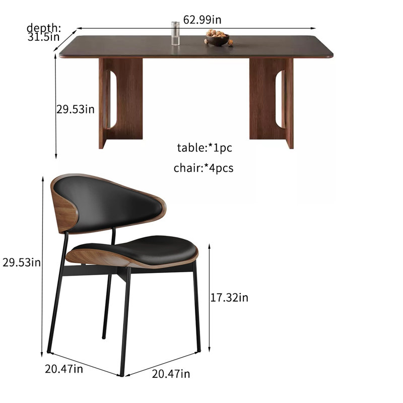 Ensemble de table de salle à manger rétro, H 29,53 po x L 62,99 po x l 31,5 po