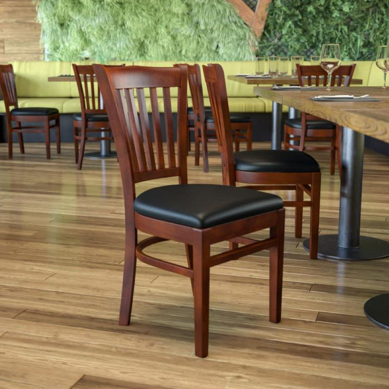 Orlison Vertical Slat Back Wooden Restaurant Chair, Mahogany, Burgundy Vinyl