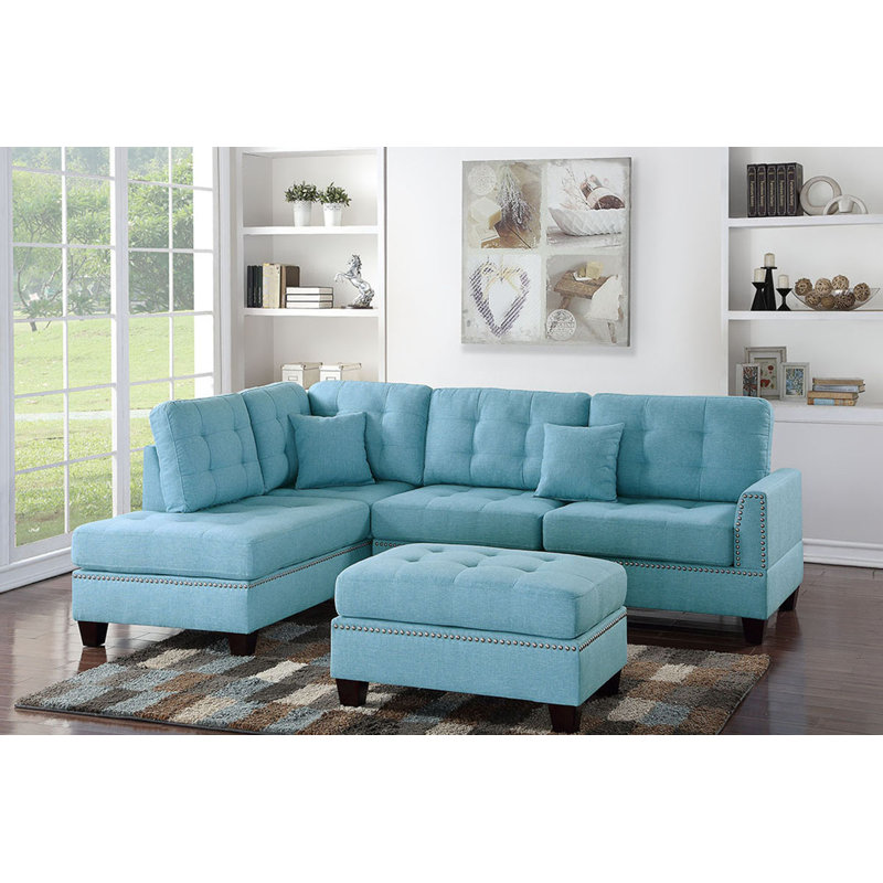 Romulus Upholstered L-Shaped Sectional Reversible, Light Blue Polyester Blend