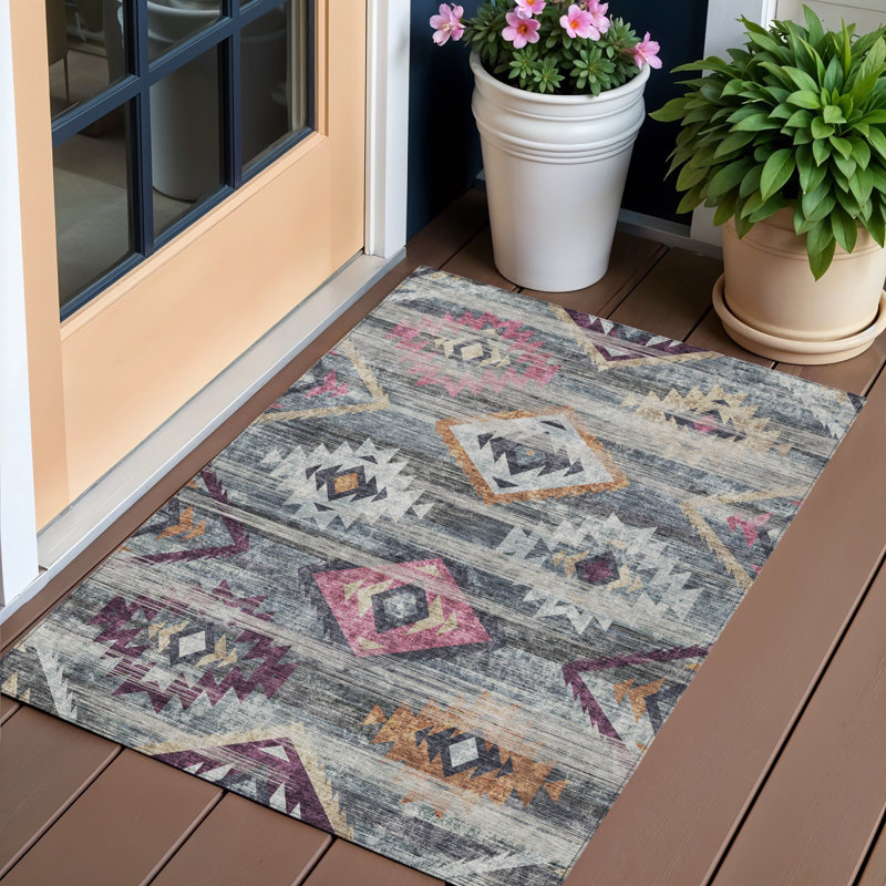 Tapis extérieur gris anthracite et argent 3 pi x 5 pi lavable de style Sud-Ouest