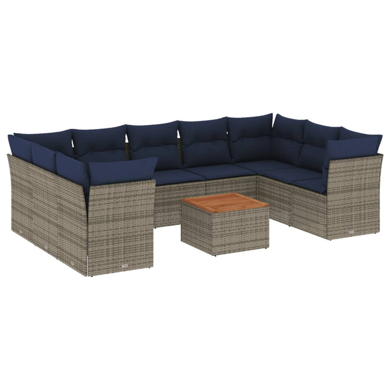 Ensemble de canapé de patio 10 pièces avec coussins en rotin de polyester, Marine, Gris