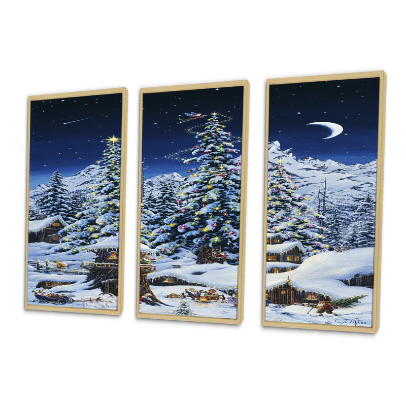 Elf maisons sous de grands arbres de Noël lumineux - ensemble d'art mural sur toile encadré traditionnel de 3