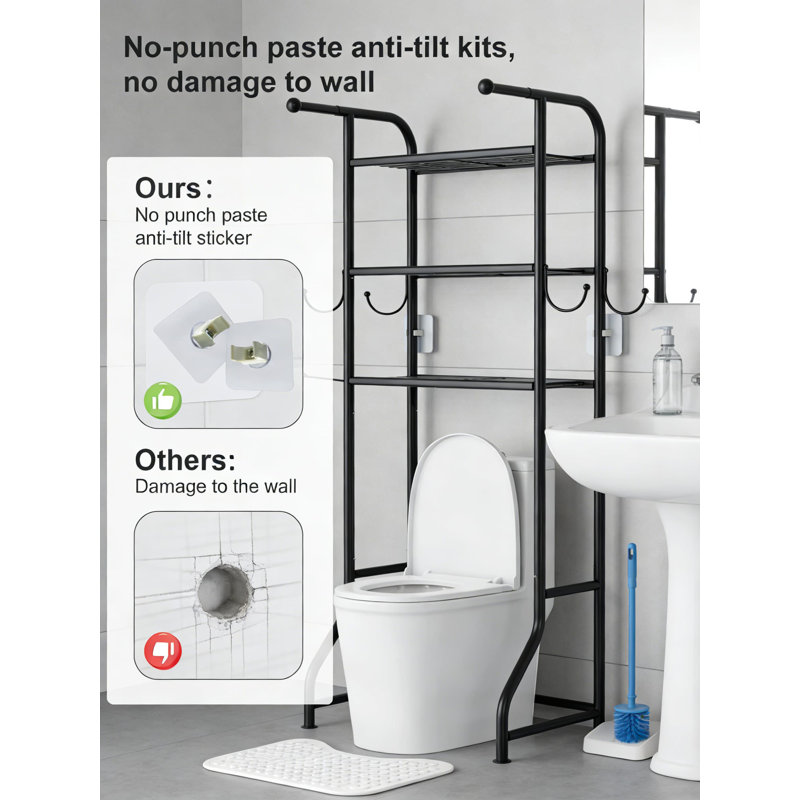 Étagère de rangement au-dessus de la toilette à 3 niveaux avec barres à serviettes, crochets et porte-papier - Organisateur de salle de bain en métal compact pour un rangement maximisé