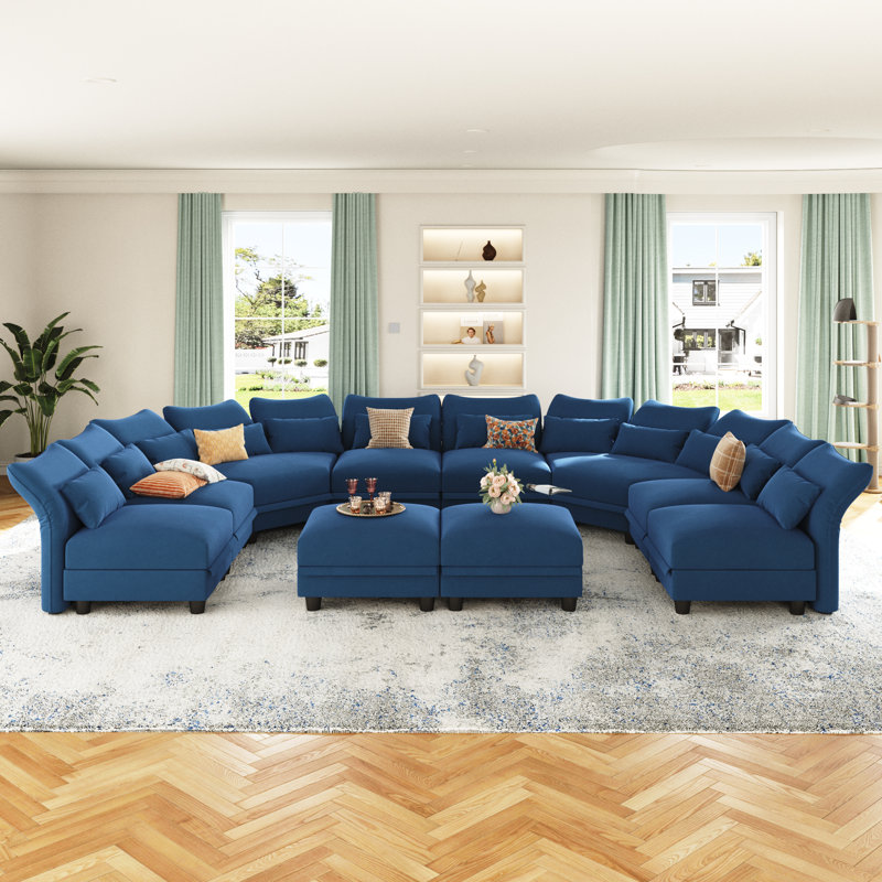 Ahren Upholstered Curved Sectional, Blue Velvet