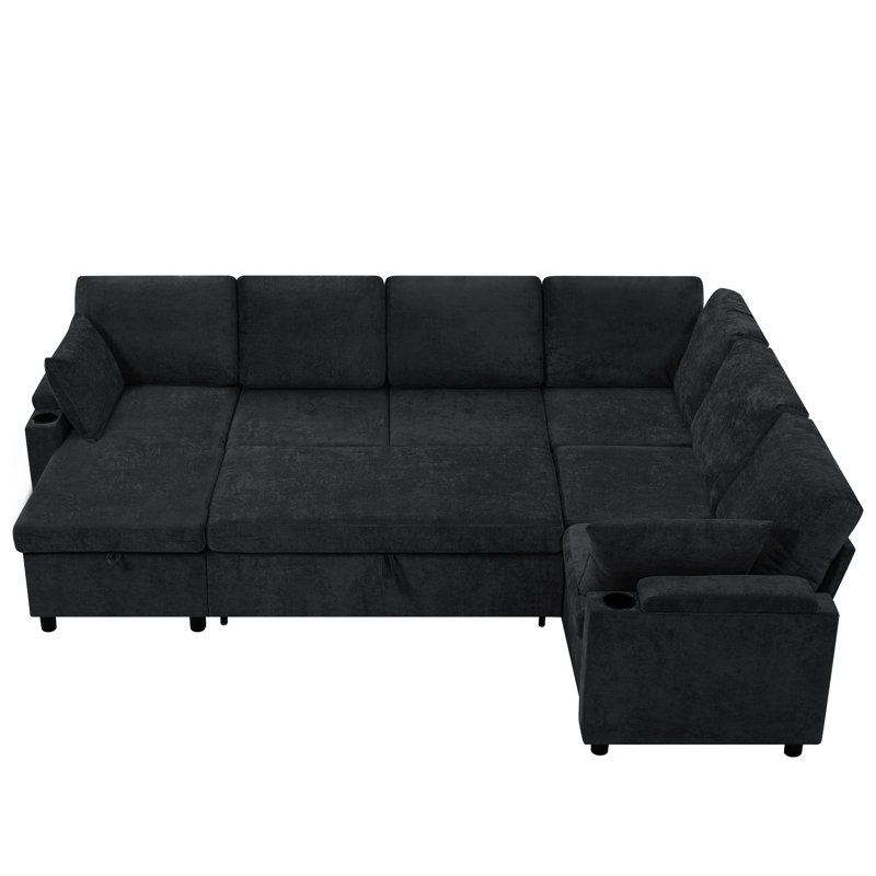 110" Modular Chenille Sofa With Usb Charging Ports, Sectional U-Shaped Sofa With Pull-Out Bed, Sleeper Couch With Storage Chaise For Living Room