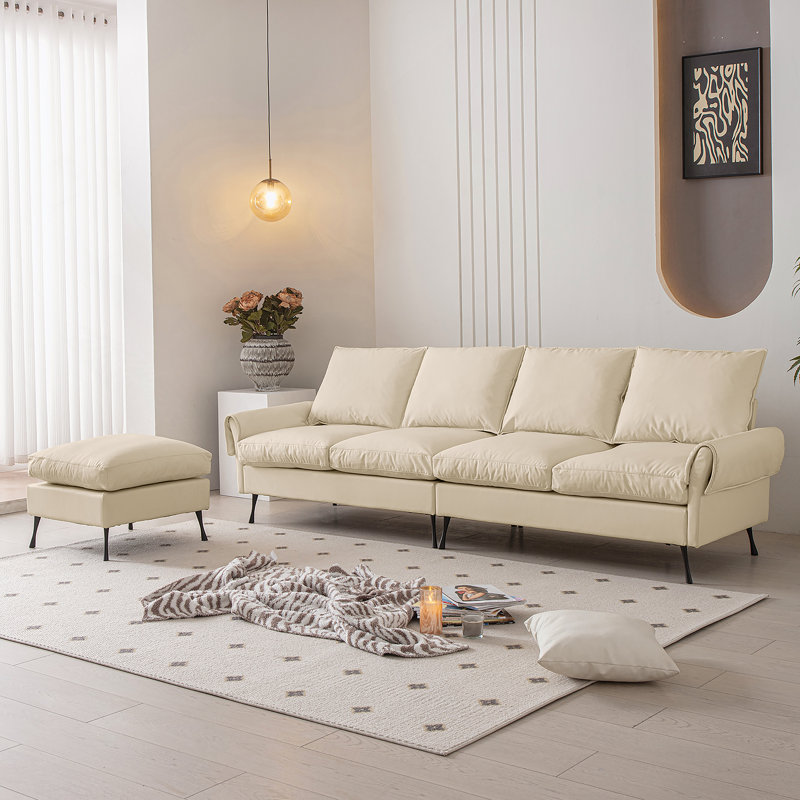 Canapé modulaire en forme de L avec repose-pieds convertible 104,5 po, Cuir technique beige
