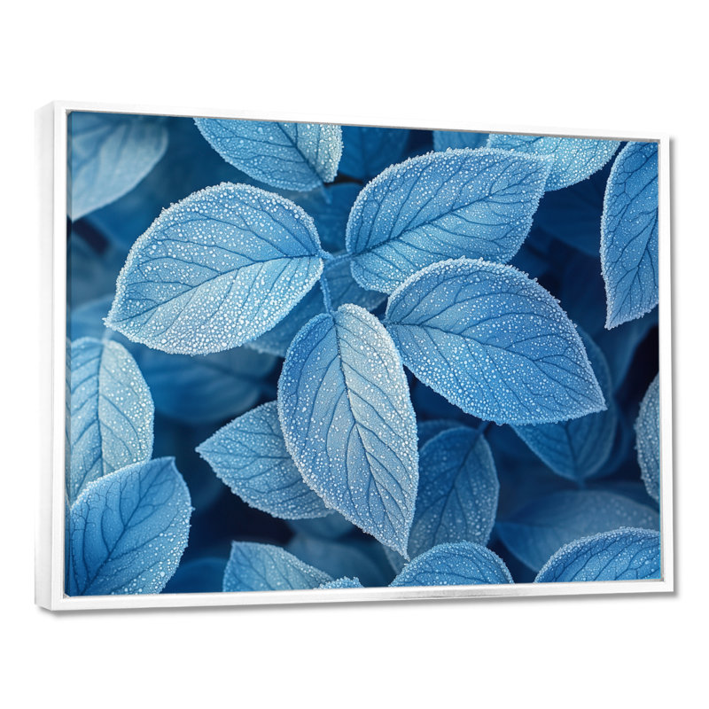 «Ifraz Frost Blue Leaves Tranquility II» - feuilles, art mural, H 12 po x l 20 po, Impression encadrée flottante, Blanc