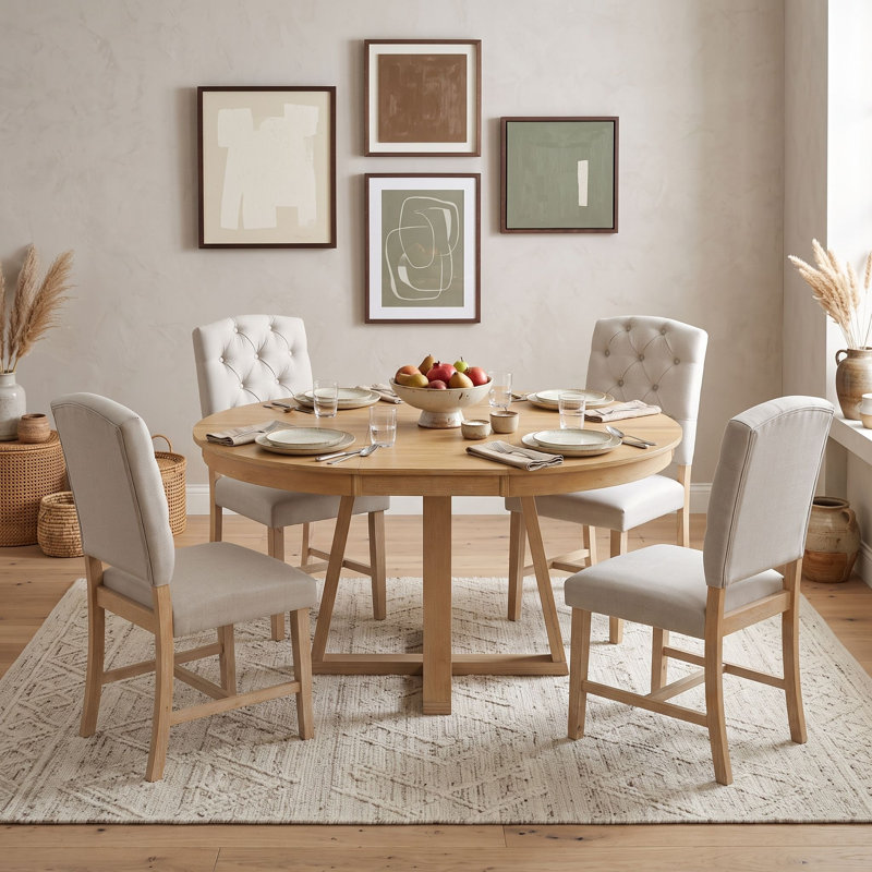 Ensemble de salle à manger rond extensible cinq pièces avec quatre chaises rembourrées, Natural